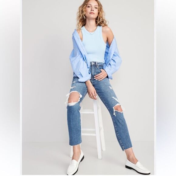 NWT High-Rise O.G. Straight Ankle Classic Blue Distressed Women's Jeans Size 20 - Picture 1 of 16